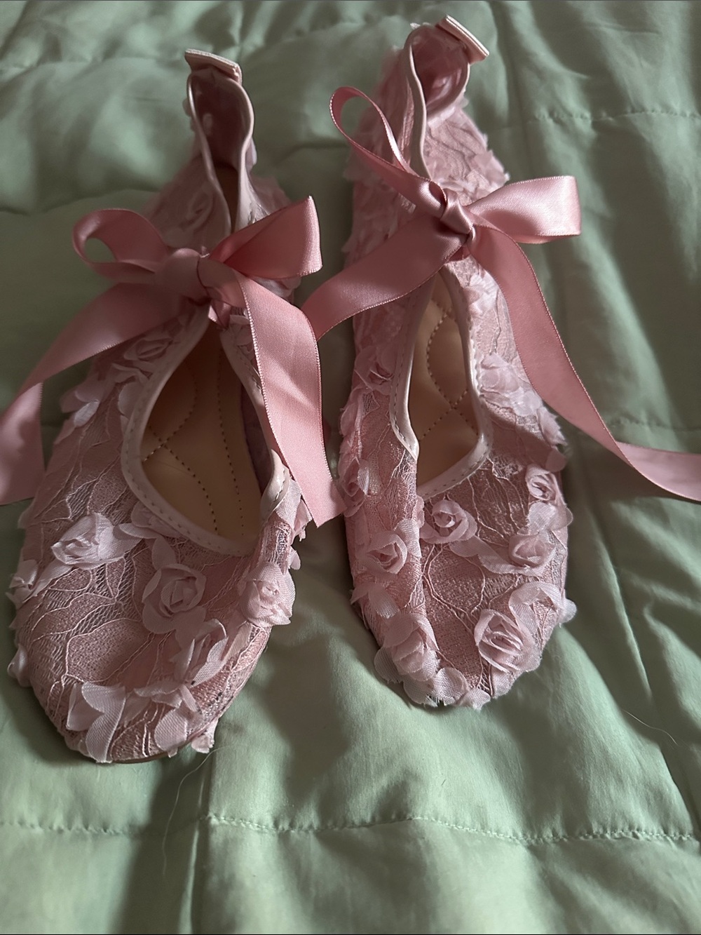 Pink Floral Lace Ribbon Kids Ballet Flats